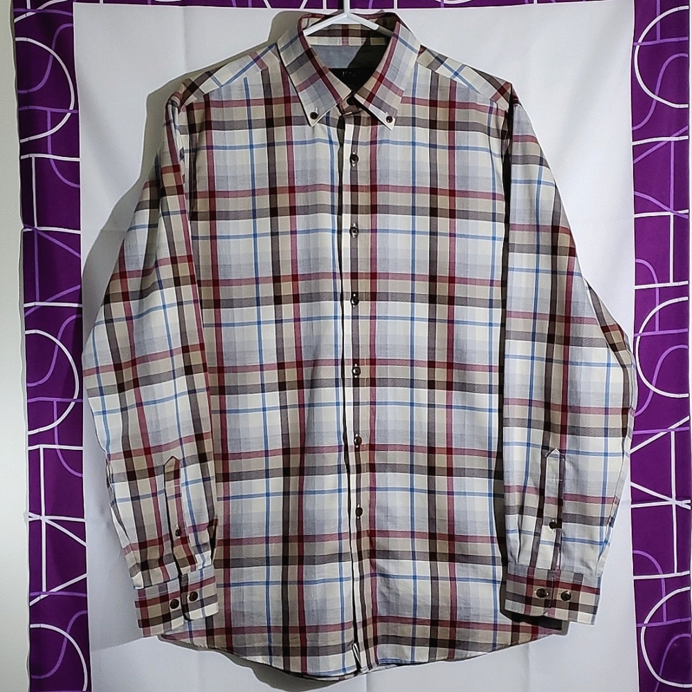 Jones New York Non-Iron Plaid Button-Up Long Sleeve, 100% Mercerized Cotton - M